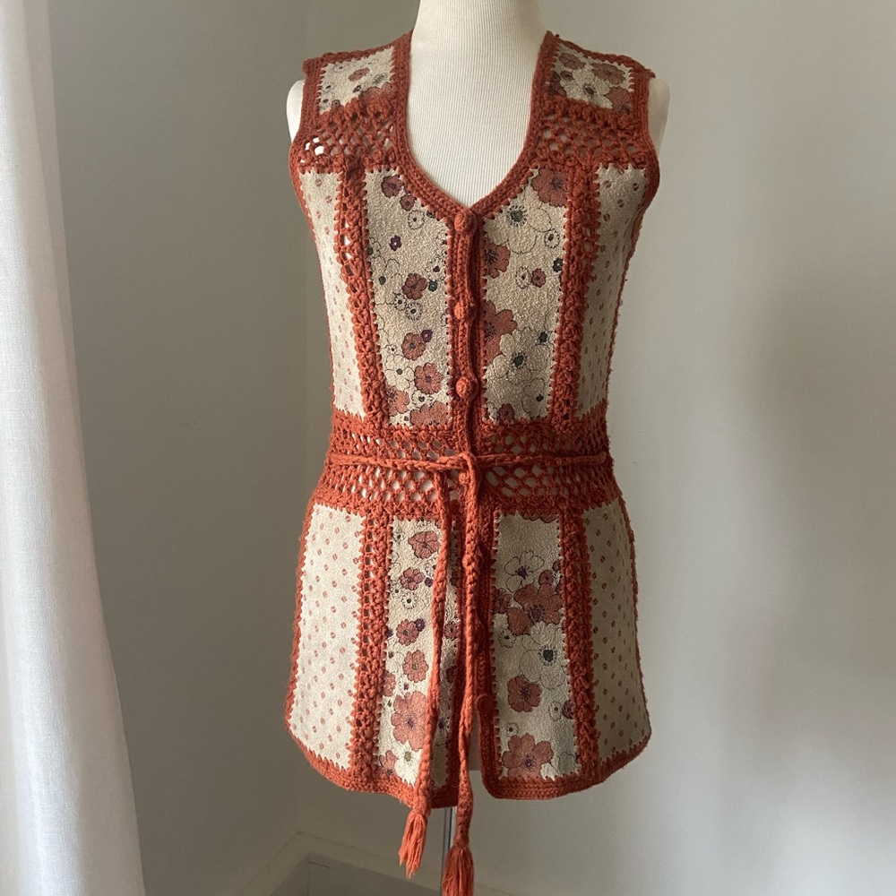 Crochet Floral Vest with Tie Waist